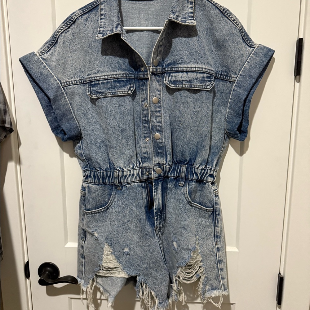 Denim Blue Jean Shorts Romper